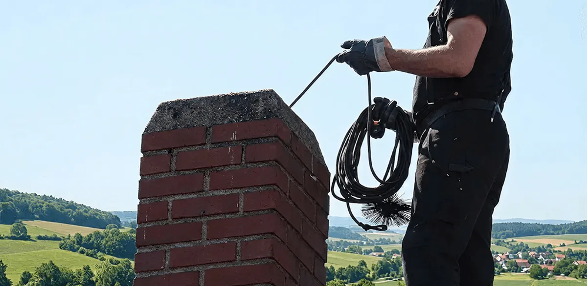 Chimney sweep inspecting and cleaning a rooftop chimney in Arlington, TX